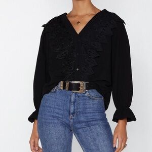 Black Victorian Cottagecore Eyelet Broderie Seersucker Blouse Size L